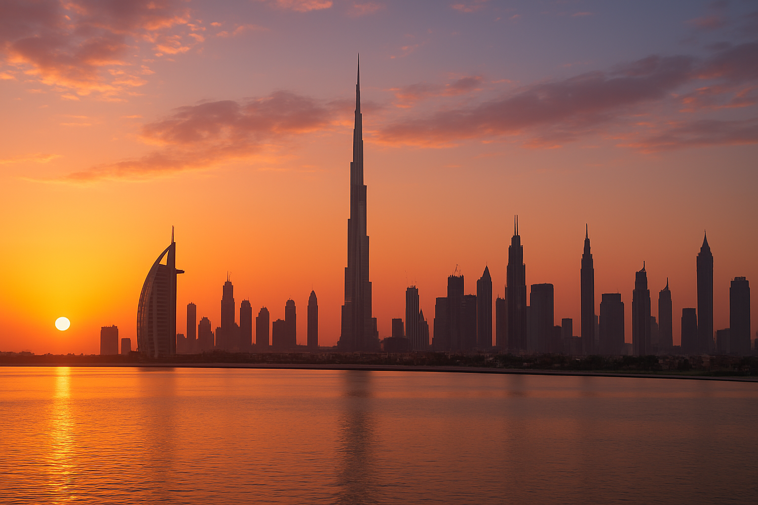 A panoramic view of Dubai's iconic skyline at sunset