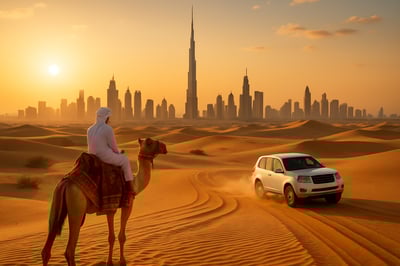 Dubai skyline featuring Burj Khalifa and desert adventure