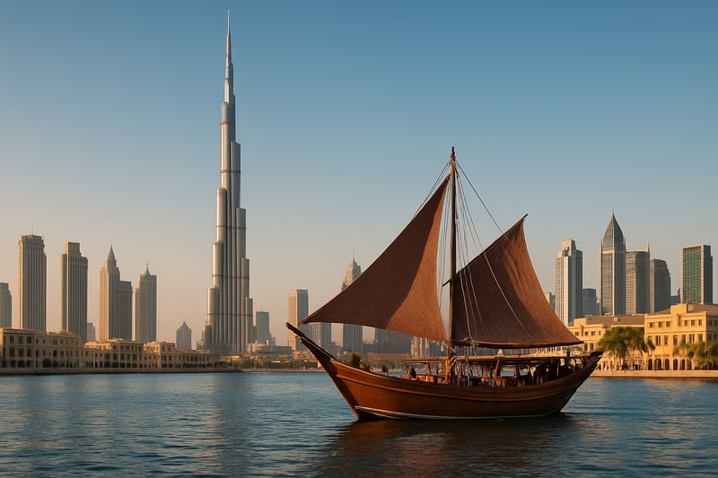 Dubai skyline with Burj Khalifa and traditional dhow on the creek