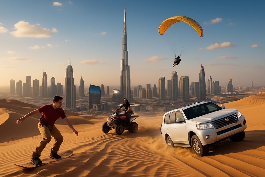 Dubai skyline with iconic Burj Khalifa and desert adventure activities